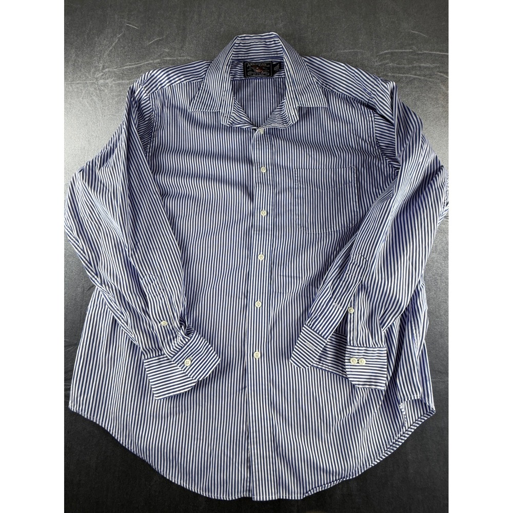 American Living Mens 17.5 34/35 Blue White Striped Button Front Dress Shirt